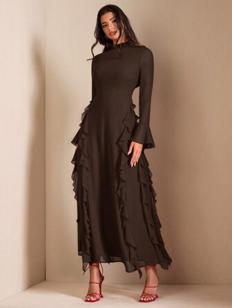 SHEIN BAE Women's Elegant Red High Neck Long Sleeve Ruffle Hem Dress, Suitable For Date Night, Gala, Autumn/Winter,Tea Party Dress