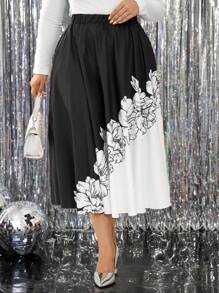 SHEIN Clasi Plus Size Women Woven Floral Grey Printed Asymmetrical Hem Elegant Skirt, Suitable For Autumn/Winter, Christmas & Halloween Party Fall Cloth For Women - Multicolor - View 4