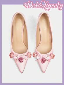 Dola Lovely Giày cao gót hở mũi họa tiết hoa nơ hồng trơn phong cách Lolita cho nữ - Hồng - Xem 9