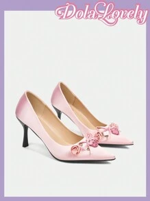 Dola Lovely Giày cao gót hở mũi họa tiết hoa nơ hồng trơn phong cách Lolita cho nữ - Hồng - Xem 6