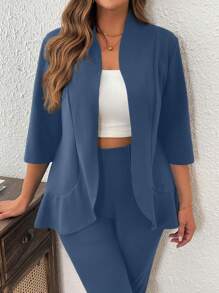 SHEIN LUNE Traje de oficina de 2 piezas (blazer de manga 3/4 y pantalones) de unicolor para mujer talla grande - Ropa casual de negocios, vestidos de invierno, ropa de mujer para el Año Nuevo, atuendos de mujer para el Día de Acción de Gracias, atuendos de mujer para fiestas
