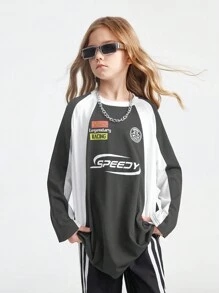 SHEIN Tween 女童秋季学院风街头运动服 Blockcore 足球超大 T 恤，适合返校季 - 灰色 - 查看 2