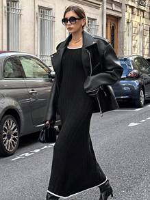Chiquease Robe longue élégante pour femmes à manches longues, col en U, color block, tricot torsadé, pour vacances, noire - Noir - Voir 6