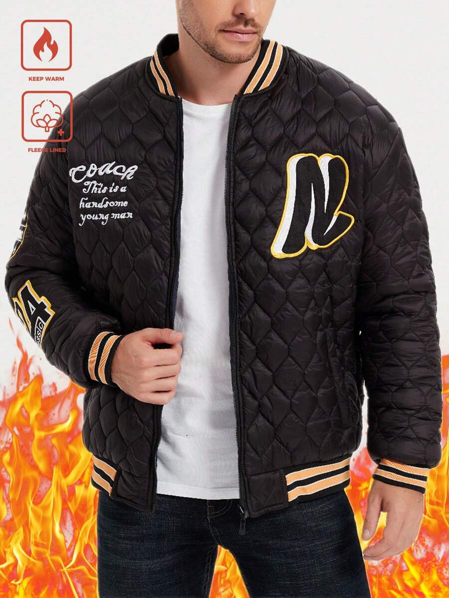 Manfinity Homme Jaqueta casual simples masculina de manga comprida com zíper frontal e patchwork de cor sólida - Preto - Ver 1