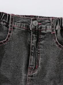 SHEIN 少女街头装甜美可爱粉色蝴蝶结设计纯粉色线条 3D 多口袋黑色牛仔弹力紧身迷你裙 - 黑色 - 查看 5