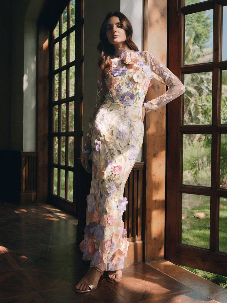 Women's Mesh Embroidered Floral Stand Collar Long Sleeve Fishtail Hem Maxi Fitted Elegant Dress