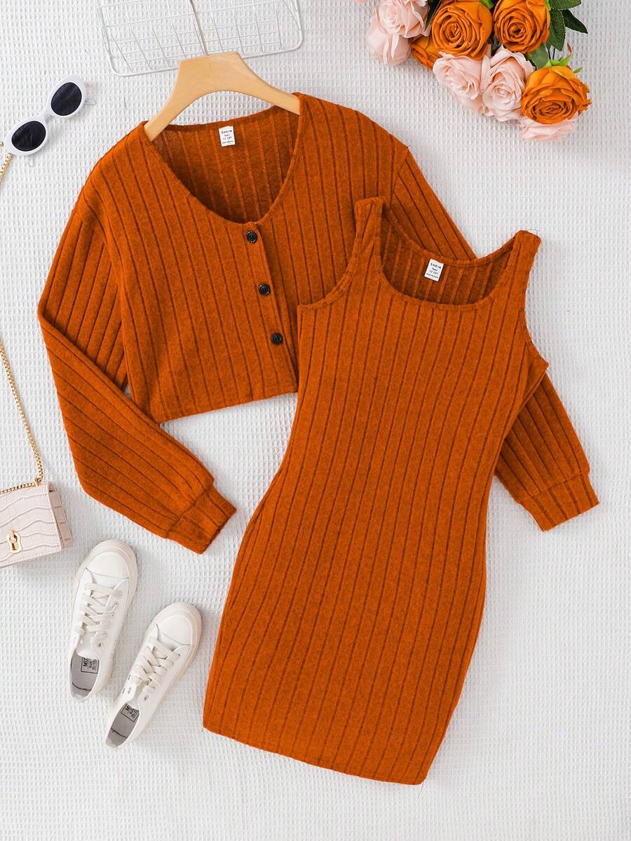 SHEIN 2 件套青少年女孩正面纽扣长袖方领罗纹针织毛衣连衣裙 - 摩卡棕 - 查看 1