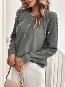 SHEIN Clasi 1 chiếc áo len nữ cổ tròn tay dài đính ngọc trai, kiểu dáng thường ngày, thích hợp mặc mùa thu đông. - Xám - Xem 5