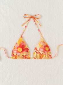 Swim Mod 1 件橙色花卉双面时尚细肩带挂脖比基尼上衣，夏季度假 - 彩色 - 查看 4