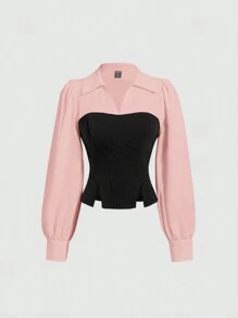 SHEIN MOD 女士优雅撞色下摆开衩修身二合一衬衫，春秋 - 淺粉色 - 查看 1