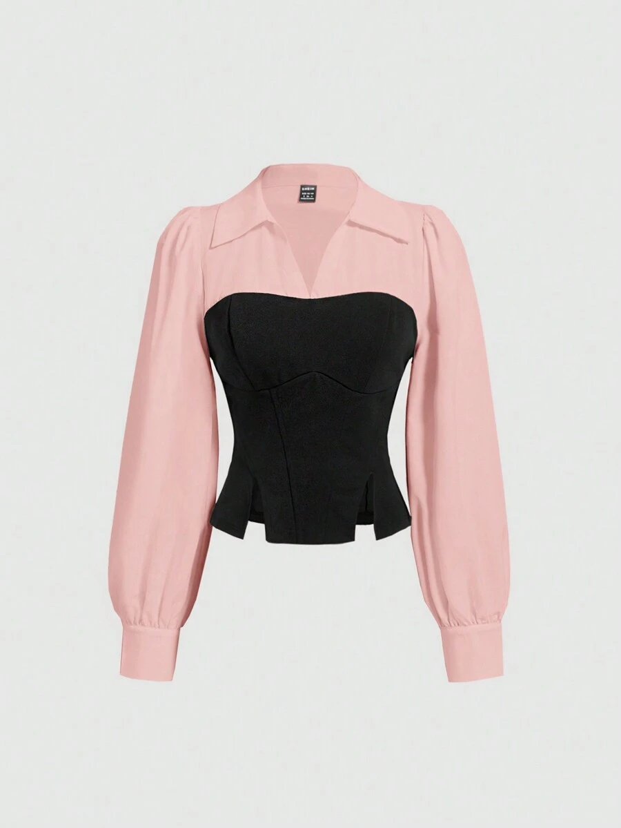 SHEIN MOD 女士优雅撞色下摆开衩修身二合一衬衫，春秋 - 淺粉色 - 查看 1