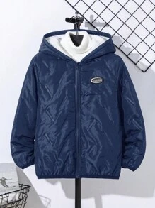 SHEIN Leap Crew Tween 男童休闲字母贴布连帽加厚保暖棉服外套，绗缝外套，棉服外套 - 藏蓝色 - 查看 7