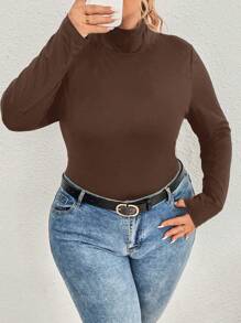 SHEIN CURVE+ Plus Size Solid Ribbed Slim Fit Mock Neck Knit Tee - Brown - View 1