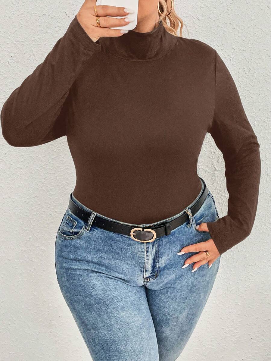 SHEIN CURVE+ Plus Size Solid Ribbed Slim Fit Mock Neck Knit Tee - Brown - View 1