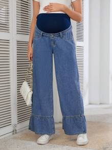 SHEIN Maternity Adjustable High Waist Loose Fit Wide Leg Denim Jeans With Ruffle Hem - Medium Wash - View 1