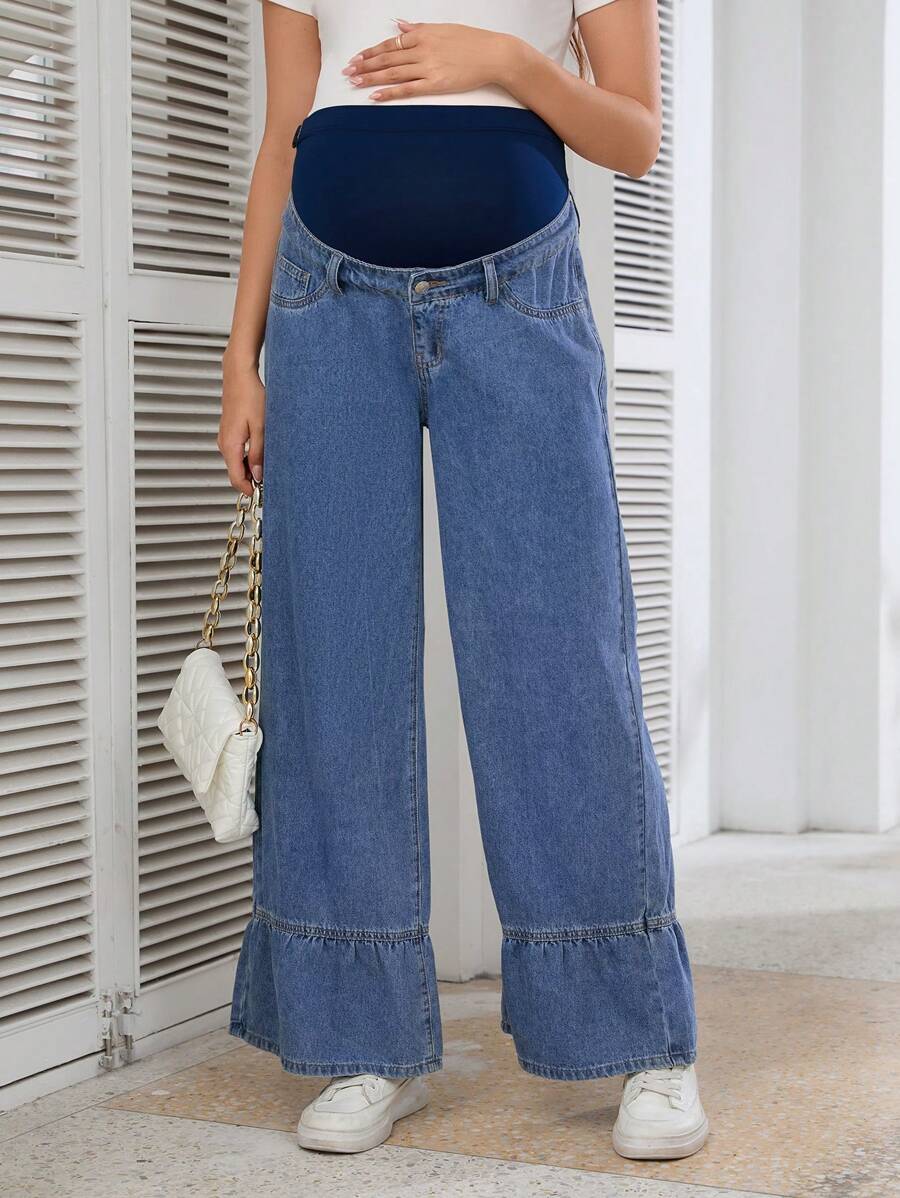 SHEIN Maternity Adjustable High Waist Loose Fit Wide Leg Denim Jeans With Ruffle Hem - Medium Wash - View 1