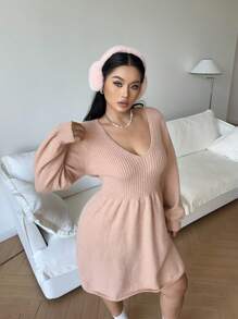 Flirla Vestido de Suéter Acampanado con Cuello en V Elegante de unicolor Talla Grande, Otoño/Invierno