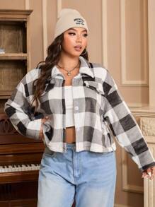 CovetEZ Plus Size Plush Plaid Jacket, Casual Autumn/Winter - Khaki - View 7