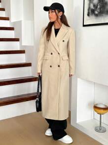 SHEIN EZwear 女士纯色前纽扣长袖仿口袋翻领简约夹克 - 卡其色 - 查看 7