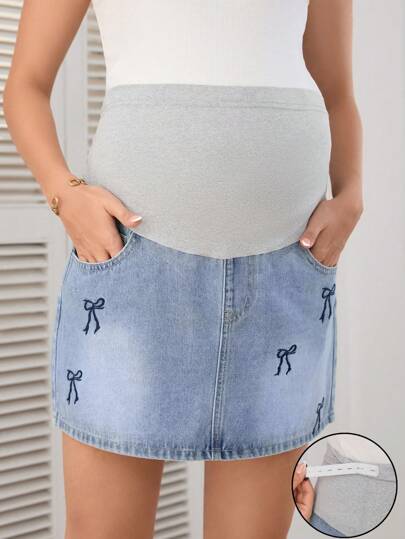 SHEIN Maternity Contrast Color Patchwork High Waist Bow Embroidered Denim Skirt