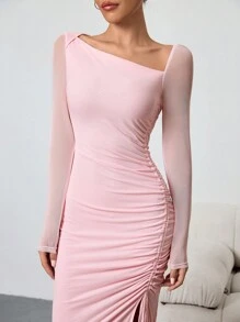 Rafferiza Damen einfarbiges Mesh Kleid mit asymmetrischem Ausschnitt, geraffter Taille und langen Ärmeln, elegantes Maxikleid für Damen - Pink - Übersicht 6