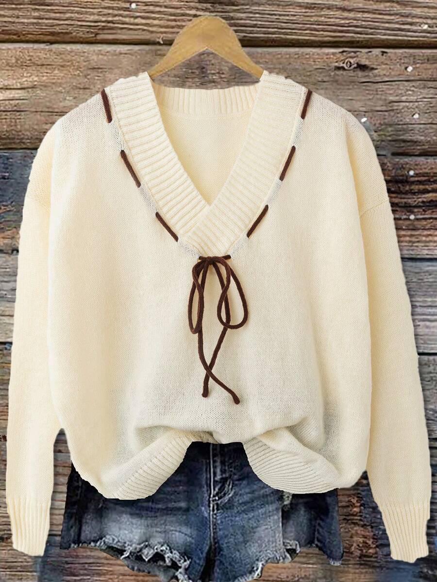 SHEIN LUNE Áo len chui đầu dài tay cổ chữ V buộc phía trước màu trơn cho nữ, thanh lịch cho mùa thu/đông - Màu be - Xem 1