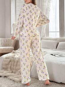 Floral Print Fleece Pullover Dames Pyjama Set