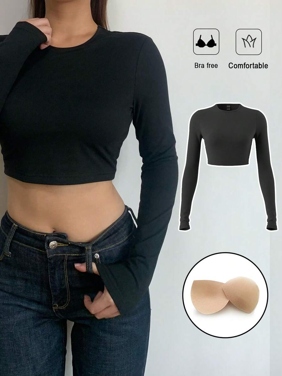SHEIN BASICS Solid Color Knit Crew Neck Long Sleeve Cropped Slim Fit Women T-Shirt - Black - View 1