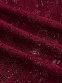 ROMWE Gothic Retro Splice Lace Flare Sleeve Off Shoulder Velvet Blouse For Women - Burgundy - View 4