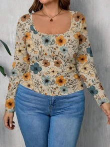 SHEIN LUNE Áo thun tay dài họa tiết hoa cổ điển thường ngày cỡ lớn dành cho nữ, vừa vặn, thích hợp làm lớp lót cho mùa thu/đông - Nhiều màu - Xem 5