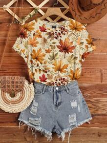 SHEIN LUNE Casual Maple Leaf Print Crew Neck Short Sleeve Loose T-Shirt For Women, Suitable For Autumn - White - View 3