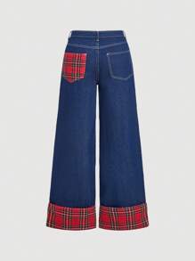 SHEIN MOD Women Casual Loose Patchwork Straight Leg Blue Jeans - Dark Wash - View 2