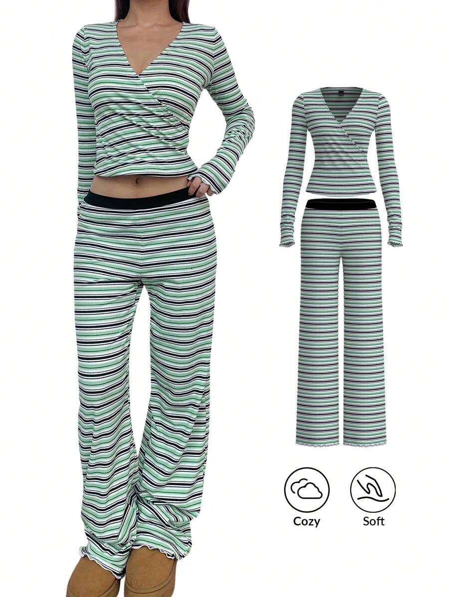 SHEIN BASICS 2pcs/Set Women Casual Knit Striped V-Neck Long Sleeve Fitted T-Shirt & Low Waist Flared Pants Set