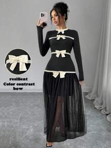 Chiquease 1 件 撞色蝴蝶结点缀网眼长袖紧身派对休闲连衣裙 Y2K 风格 - 黑色 - 查看 2