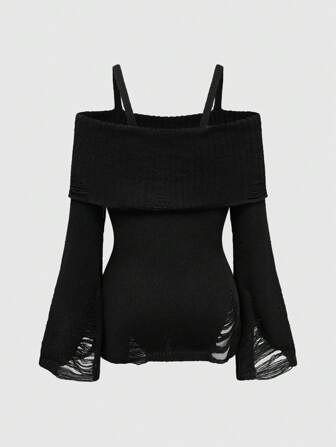 ROMWE Goth Pull avec les épaules découvertes, style déchiré, look mode punk sombre