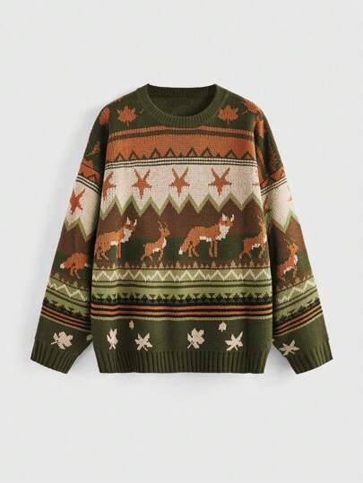 Fairycore Jersey de cuello redondo informal de manga larga con estampado geométrico y de animal