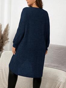 SHEIN Clasi Áo thun đơn giản cổ tròn dài tay cỡ lớn dành cho nữ thường ngày - Màu xanh hải quân - Xem 2