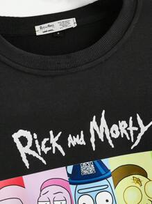 Rick and Morty X SHEIN Women Casual Cartoon Character & Letter Print Drop Shoulder Loose Fit Black Sweatshirt, Suitable For Spring And Autumn