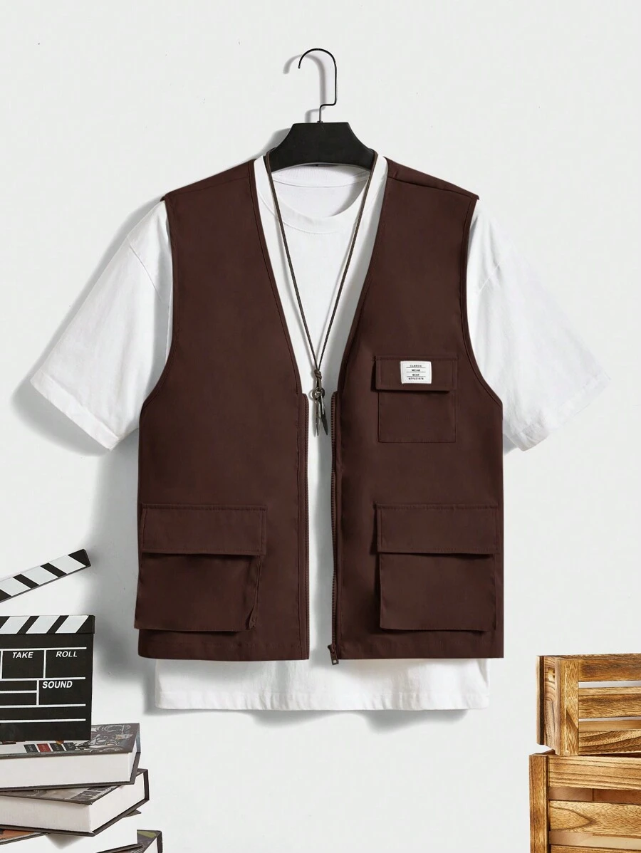 Manfinity VCAY Áo khoác vest nam có túi nắp không có áo phông - Cà phê nâu - Xem 1