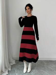 Elenzga Women's Color Block Simple Striped Sweater Dress Fall Cloth For Women