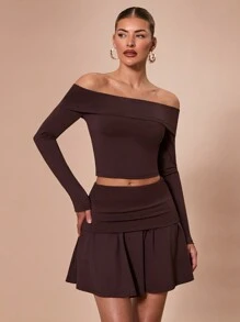 SHEIN BAE Bộ đồ 2 món: Áo trễ vai tay dài màu trơn & Chân váy xếp ly ngắn, Thích hợp cho tiệc cocktail, hẹn hò lãng mạn, mặc nhiều lớp mùa thu/đông, tụ họp, phù dâu cưới, đi chơi đêm, Halloween, Giáng sinh - Cà phê nâu - Xem 6