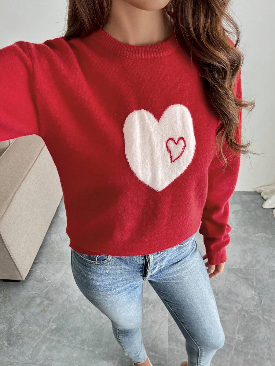 SHEIN Privé Áo len cổ tròn dáng rộng hình trái tim màu đỏ dành cho nữ - Đỏ - Xem 1