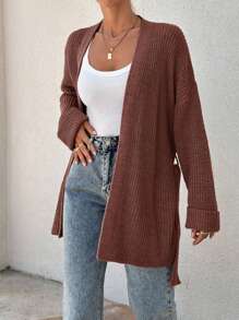 EURMUSE Damen oversized asymmetrisch geformter Strickjacke mit Gürteldetail im Rippstrick - Altrosa - Übersicht 4