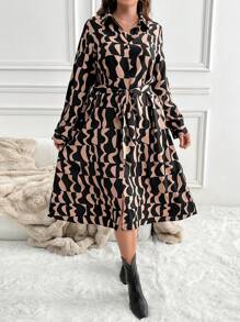 SHEIN LUNE Plus Size Button Front Long Sleeve Allover Print Casual Dress Plus Size Fall Clothes Dresses For Women Thanksgiving Outfit Women New Years Women Outfit Winter Dresses Winter Clothes Women Rave Outfits - Multicolor - View 7