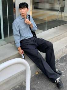 DAZY 男士休闲纯色西装裤，百搭日常穿着 - 藏蓝色 - 查看 5