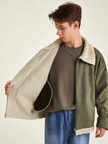 青少年男孩休闲酷炫雪山印花舒适长袖连帽毛绒夹克 - 軍綠色 - 查看 8