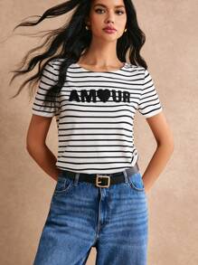 Poéselle Striped & Letter Graphic Tee, Casual Style, Effortless Chic