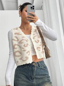 SHEIN Unity Women Casual Leopard Pattern Button Up Sweater Vest - Multicolor - View 6