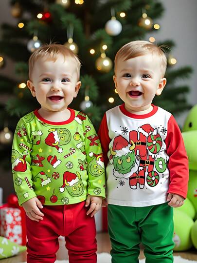 2pcs Set Baby Boy Christmas Devil Print Long Sleeve Top
