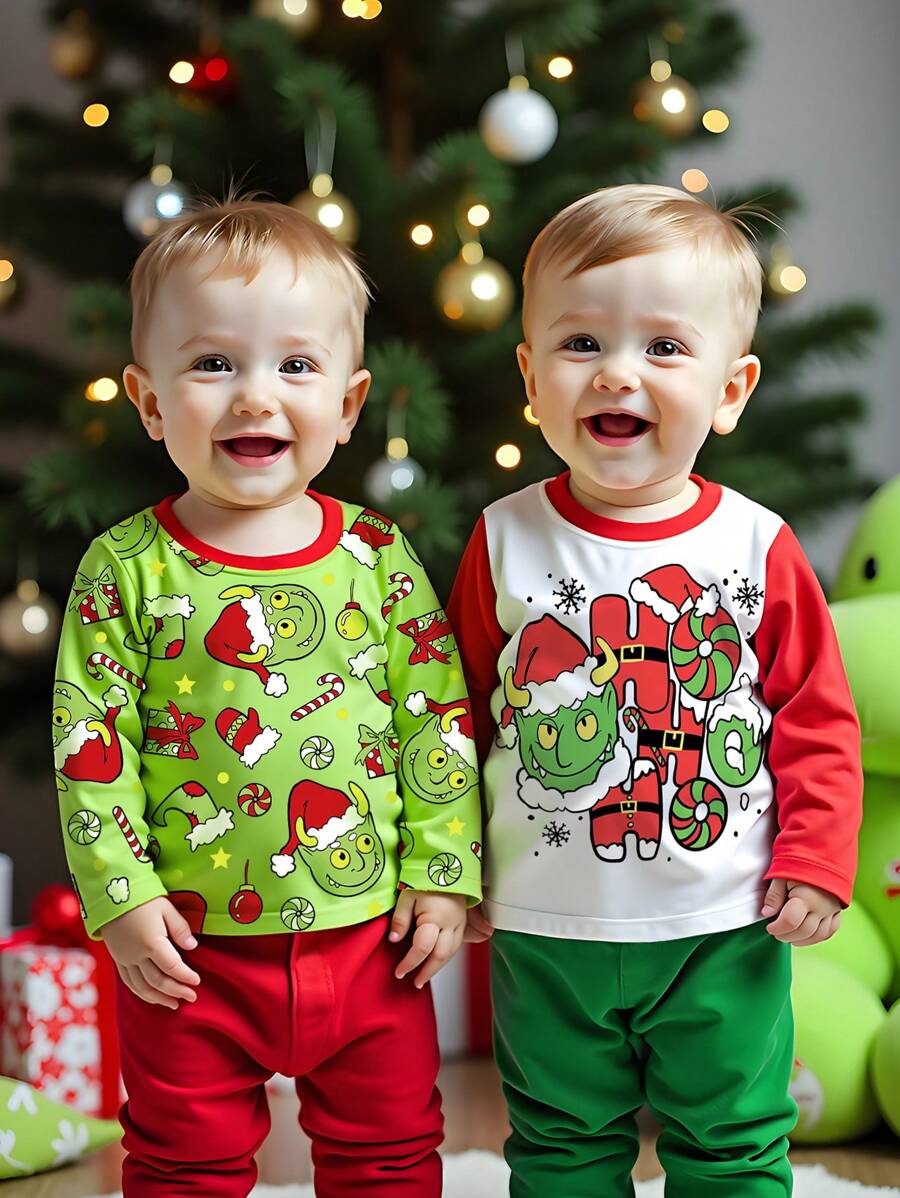 2pcs Set Baby Boy Christmas Devil Print Long Sleeve Top - Multicolor - View 1